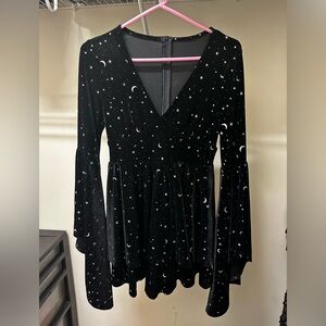 Black velvet mini dress with white stars and moon details